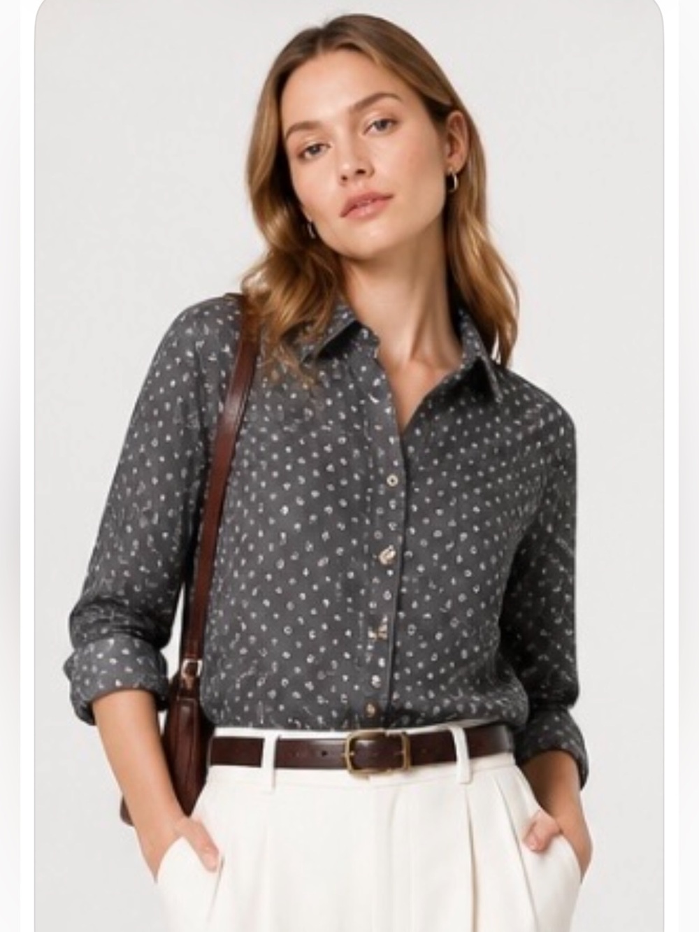 J CREW Shirt Blouse Circle Print Chambray Popover Long Sleeve Preppy Casual 6